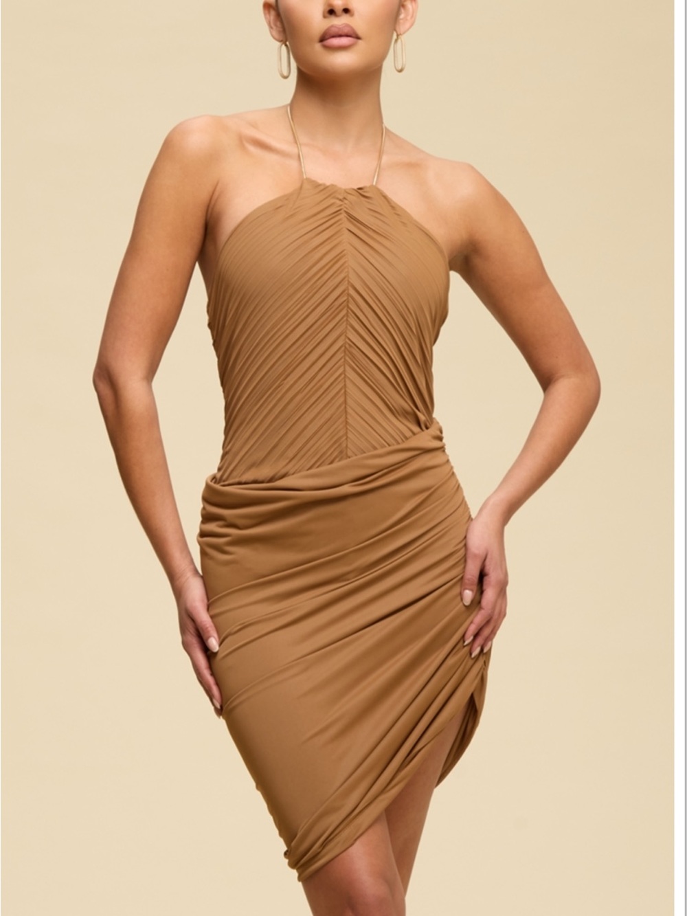 Strapless Ruched Halter Dress in Camel